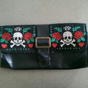 Faux leather embroidered skull & roses clutch